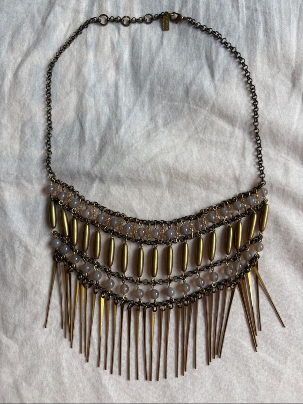 Antique Gold-Tone Fringe Bib Necklace with Gray Beads